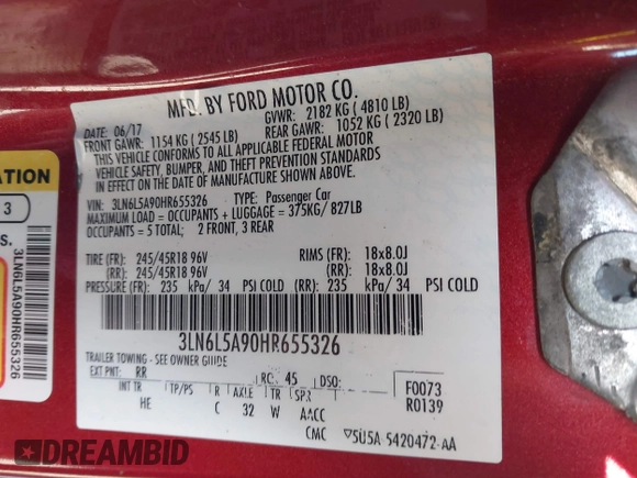 2017 Lincoln MKZ Premiere with VIN 3LN6L5A90HR655326, listed as a IAAI auction lot 41921163 with 109,166 mi miles and . Bid and sale history available at DreamBid. Image 9.