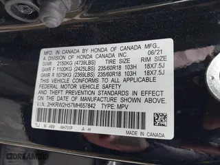 2021 Honda CR-V EX with VIN 2HKRW2H57MH657842, listed as a IAAI auction lot 41623480 with 65,178 mi miles. Bid and sale history available at carsss.com. Image 9.