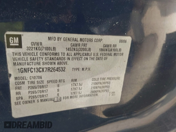 2007 Chevrolet Tahoe LS with VIN 1GNFC13CX7R264532, listed as a IAAI auction lot 42425650 with 254,286 mi miles and . Bid and sale history available at DreamBid. Image 9.