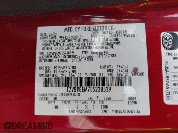 2014 Ford Mustang V6 with VIN 1ZVBP8EM7E5238529, listed as a IAAI auction lot 42045029 with 129,785 mi miles and . Bid and sale history available at DreamBid. Image 9.