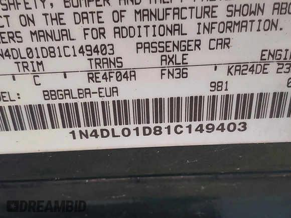 2001 Nissan Altima GXE with VIN 1N4DL01D81C149403, listed as a IAAI auction lot 41619291 with 317,984 mi miles. Bid and sale history available at carsss.com. Image 9.
