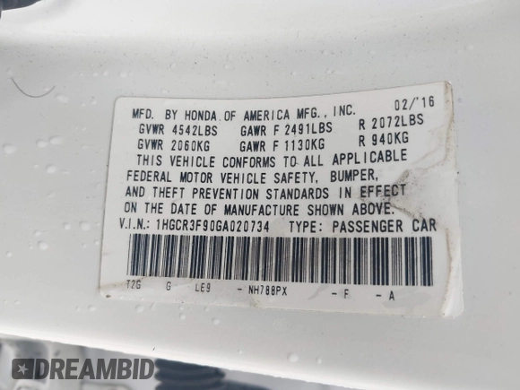 2016 Honda Accord Touring with VIN 1HGCR3F90GA020734, listed as a IAAI auction lot 42474951 with 126,304 mi miles and . Bid and sale history available at DreamBid. Image 9.
