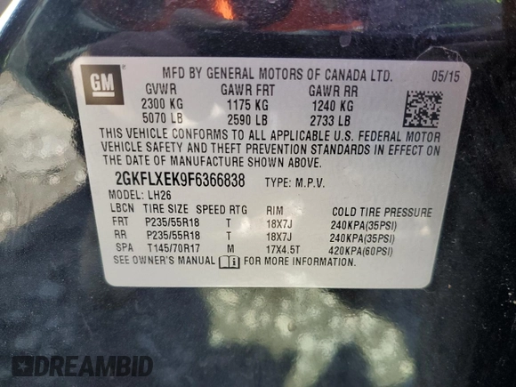 2015 GMC Terrain SLT with VIN 2GKFLXEK9F6366838, listed as a Copart auction lot 49909975 with 55,675 mi miles and Salvage Title. Bid and sale history available at DreamBid. Image 13.