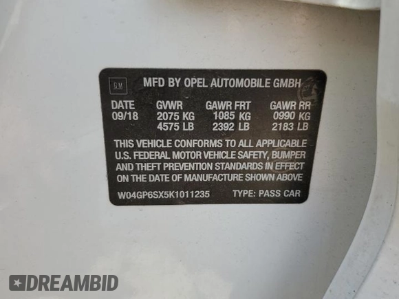 2019 Buick Regal Essence with VIN W04GP6SX5K1011235, listed as a Copart auction lot 61972785 with 109,442 mi miles and Clean title. Bid and sale history available at DreamBid. Image 12.