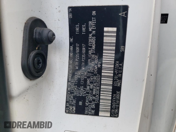 2014 Toyota Sienna L with VIN 5TDZK3DC8ES520037, listed as a Copart auction lot 54092715 with Not provided miles and Salvage title. Bid and sale history available at DreamBid. Image 13.