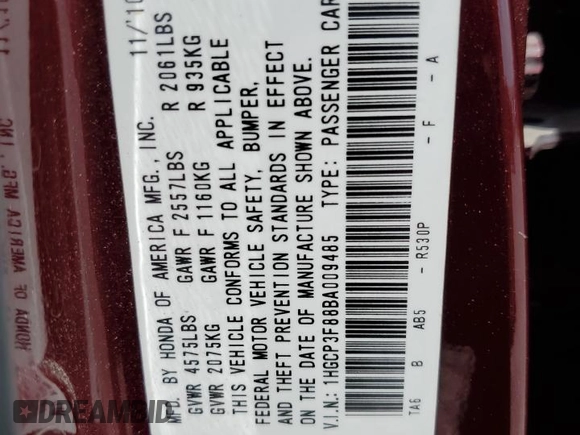 2011 Honda Accord EX-L with VIN 1HGCP3F88BA009485, listed as a Copart auction lot 55088555 with 129,628 mi miles and Salvage title. Bid and sale history available at DreamBid. Image 12.