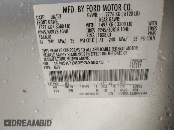 2014 Ford Explorer XLT z VIN 1FM5K7D80EGA58015, wystawiony jako IAAI lot #40982059 z przebiegiem 193 797 mil mil oraz . Historia ofert i sprzedaży dostępna na DreamBid. Obrazek 9.