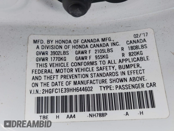2017 Honda Civic EX-T with VIN 2HGFC1E39HH644602, listed as a IAAI auction lot 41920127 with 102,360 mi miles and . Bid and sale history available at DreamBid. Image 9.