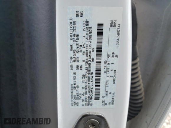 2020 Ford Escape S with VIN 1FMCU9F67LUA55278, listed as a Copart auction lot 53173175 with 74,986 mi miles and Salvage title. Bid and sale history available at DreamBid. Image 14.