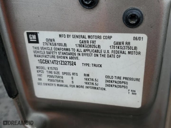 2001 Chevrolet Silverado 1500 LS with VIN 1GCEK14T21Z327524, listed as a Copart auction lot 84648054 with 0 mi miles and Salvage Title. Bid and sale history available at carsss.com. Image 12.