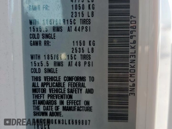 2020 Nissan NV200 Compact Cargo SV with VIN 3N6CM0KN3LK699807, listed as a Copart auction lot 52183605 with 0 mi miles and Salvage Title. Bid and sale history available at carsss.com. Image 13.