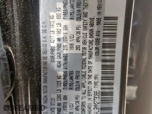 2021 Mazda CX-30 S with VIN 3MVDMAAL9MM273086, listed as a Copart auction lot 57276845 with 79,432 mi miles and Salvage title. Bid and sale history available at DreamBid. Image 13.