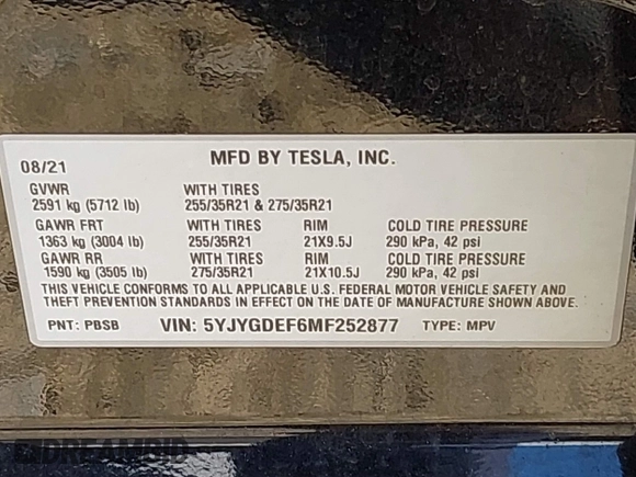 2021 Tesla Model Y Performance with VIN 5YJYGDEF6MF252877, listed as a IAAI auction lot 41770770 with 58,550 mi miles and . Bid and sale history available at DreamBid. Image 9.