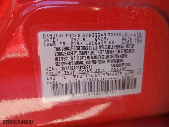 2018 Nissan Sentra S with VIN 3N1AB7AP1JY322711, listed as a Copart auction lot 89169545 with 72,870 mi miles and Salvage Title. Bid and sale history available at carsss.com. Image 12.