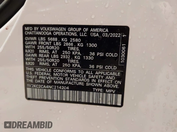 2022 Volkswagen Atlas SE с VIN 1V2KC2CA4NC214204, выставлен на аукционе IAAI как лот 41824976 с пробегом 25 122 миль миль и . История ставок и продаж доступна на DreamBid. Изображение 9.