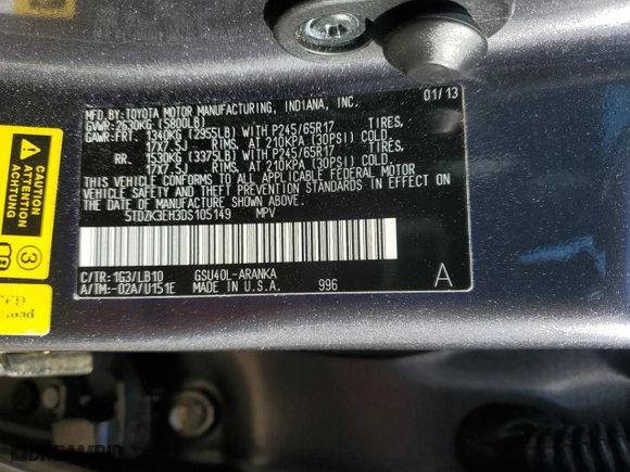 2013 Toyota Highlander with VIN 5TDZK3EH3DS105149, listed as a Copart auction lot 50462015 with 153,359 mi miles and Salvage Title. Bid and sale history available at carsss.com. Image 12.