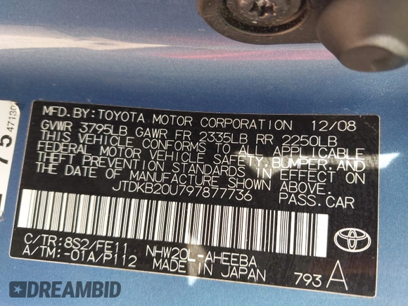 2009 Toyota Prius z VIN JTDKB20U797877736, wystawiony jako IAAI lot #42215794 z przebiegiem 121 001 mil mil oraz . Historia ofert i sprzedaży dostępna na DreamBid. Obrazek 9.