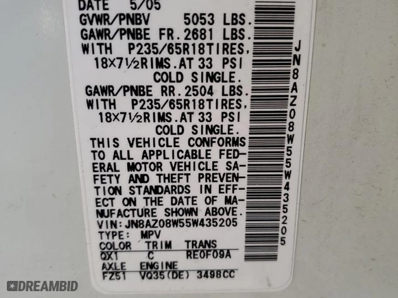 2005 Nissan Murano S with VIN JN8AZ08W55W435205, listed as a Copart auction lot 71712194 with 0 mi miles and Salvage Title. Bid and sale history available at carsss.com. Image 12.