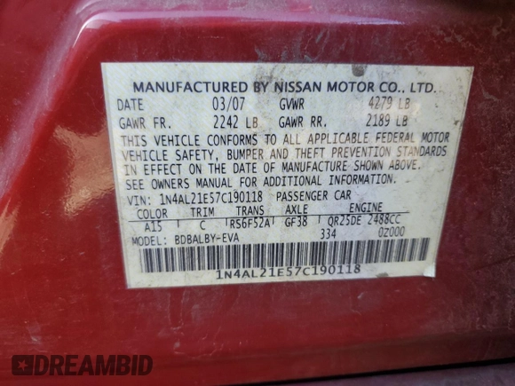 2007 Nissan Altima 2.5 with VIN 1N4AL21E57C190118, listed as a Copart auction lot 46867045 with 198,474 mi miles and Salvage Title. Bid and sale history available at carsss.com. Image 15.
