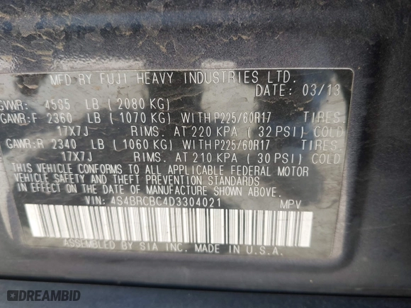 2013 Subaru Outback 2.5i Premium with VIN 4S4BRCBC4D3304021, listed as a IAAI auction lot 42014907 with 183,189 mi miles. Bid and sale history available at carsss.com. Image 9.