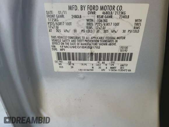 2011 Ford Escape Limited with VIN 1FMCU9EG1BKB21702, listed as a Copart auction lot 55220805 with 85,868 mi miles and Salvage Title. Bid and sale history available at DreamBid. Image 13.