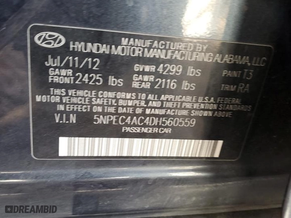 2013 Hyundai Sonata SE with VIN 5NPEC4AC4DH560559, listed as a Copart auction lot 45363685 with 146,107 mi miles and Salvage Title. Bid and sale history available at carsss.com. Image 14.