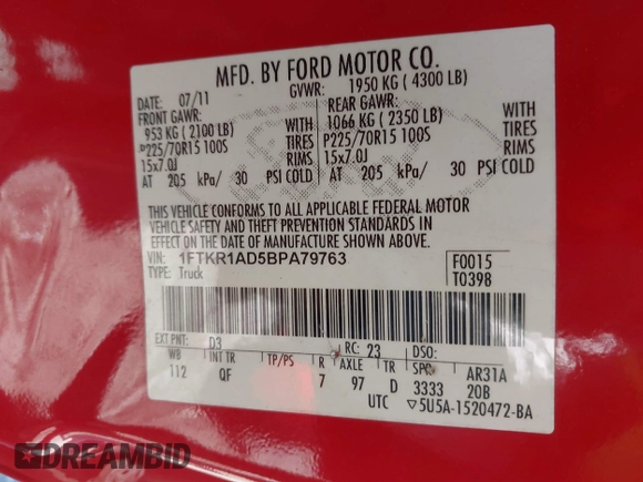 2011 Ford Ranger XL with VIN 1FTKR1AD5BPA79763, listed as a IAAI auction lot 41781988 with 150,119 mi miles. Bid and sale history available at carsss.com. Image 9.