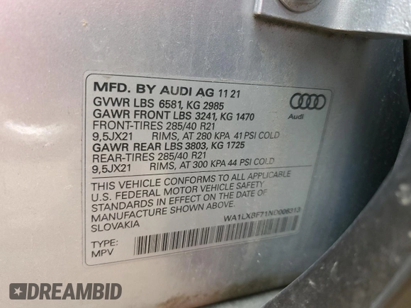 2022 Audi Q7 Premium Plus with VIN WA1LXBF71ND006313, listed as a Copart auction lot 58564665 with 35,938 mi miles and Salvage title. Bid and sale history available at DreamBid. Image 14.