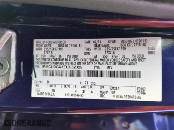 2014 Ford Escape SE with VIN 1FMCU0GX3EUC52325, listed as a Copart auction lot 46494755 with 147,165 mi miles and Salvage Title. Bid and sale history available at DreamBid. Image 12.