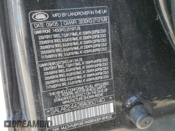2006 Land Rover LR3 with VIN SALAE24426A360140, listed as a Copart auction lot 70829784 with Not provided miles and Salvage title. Bid and sale history available at DreamBid. Image 12.