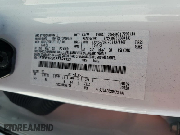2023 Ford F-150 Raptor with VIN 1FTFW1RG1PFB24123, listed as a Copart auction lot 49594495 with 24,175 mi miles and Salvage Title. Bid and sale history available at DreamBid. Image 14.