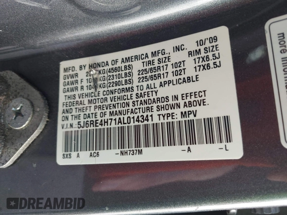 2010 Honda CR-V EX-L with VIN 5J6RE4H71AL014341, listed as a IAAI auction lot 41783539 with 213,285 mi miles and . Bid and sale history available at carsss.com. Image 9.