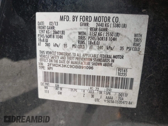 2013 Ford Edge Limited with VIN 2FMDK3KC9DBB91096, listed as a IAAI auction lot 42452365 with Not provided miles and . Bid and sale history available at DreamBid. Image 9.