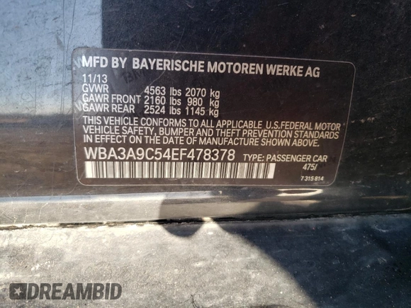 2014 BMW 3 Series 335i with VIN WBA3A9C54EF478378, listed as a Copart auction lot 46706385 with 111,572 mi miles and Salvage Title. Bid and sale history available at carsss.com. Image 12.
