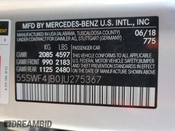 2018 Mercedes-Benz C 300 with VIN 55SWF4JB0JU275367, listed as a Copart auction lot 50391455 with 66,099 mi miles and Salvage title. Bid and sale history available at DreamBid. Image 14.