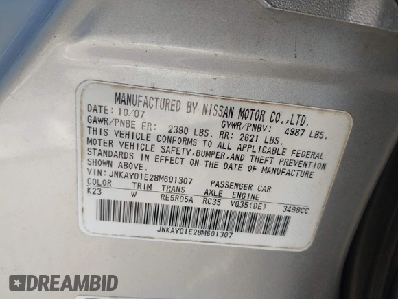 2008 Infiniti M with VIN JNKAY01E28M601307, listed as a IAAI auction lot 41312040 with 159,122 mi miles and . Bid and sale history available at carsss.com. Image 9.