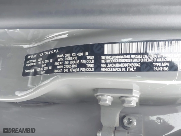 2019 Jeep Renegade Sport with VIN ZACNJBABXKPK60642, listed as a IAAI auction lot 41452809 with 104,131 mi miles. Bid and sale history available at carsss.com. Image 9.