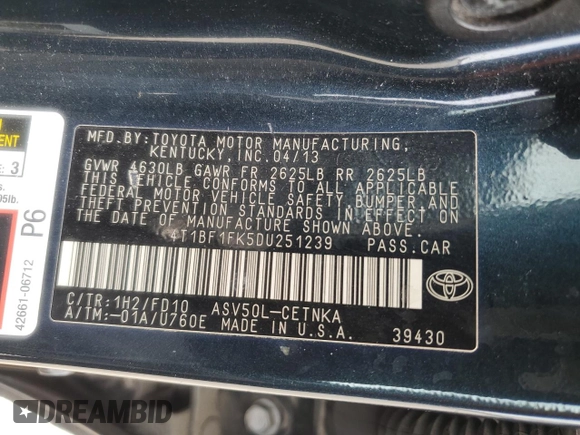 2013 Toyota Camry L with VIN 4T1BF1FK5DU251239, listed as a Copart auction lot 55406915 with 204,841 mi miles and Clean Title. Bid and sale history available at carsss.com. Image 12.