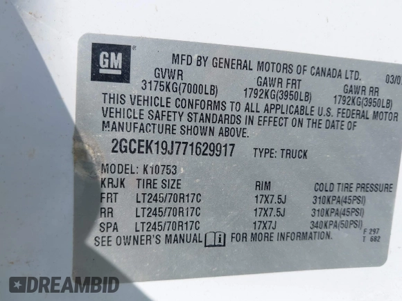 2007 Chevrolet Silverado 1500 1LT with VIN 2GCEK19J771629917, listed as a IAAI auction lot 41999052 with Not Provided miles and . Bid and sale history available at DreamBid. Image 9.