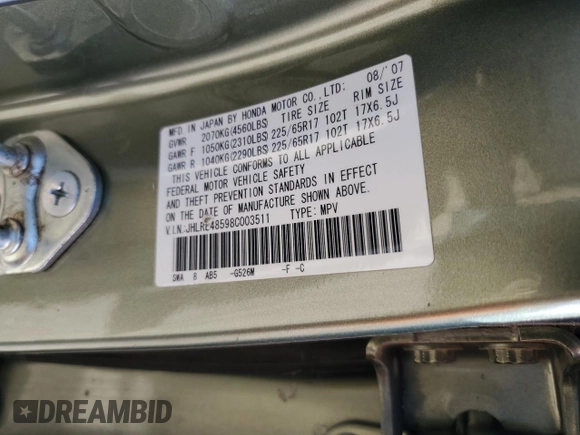 2008 Honda CR-V EX z VIN JHLRE48598C003511, wystawiony jako Copart lot #47663325 z przebiegiem 123 422 mil mil oraz Szkoda całkowita • Salvage title. Historia ofert i sprzedaży dostępna na DreamBid. Obrazek 13.