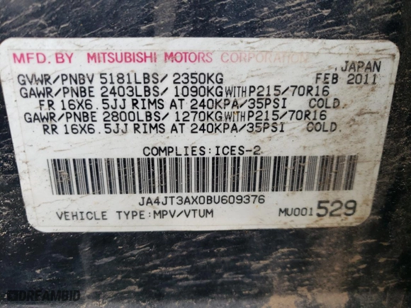 2011 Mitsubishi Outlander LS with VIN JA4JT3AX0BU609376, listed as a Copart auction lot 54922644 with 338,474 mi miles and Salvage Title. Bid and sale history available at carsss.com. Image 14.