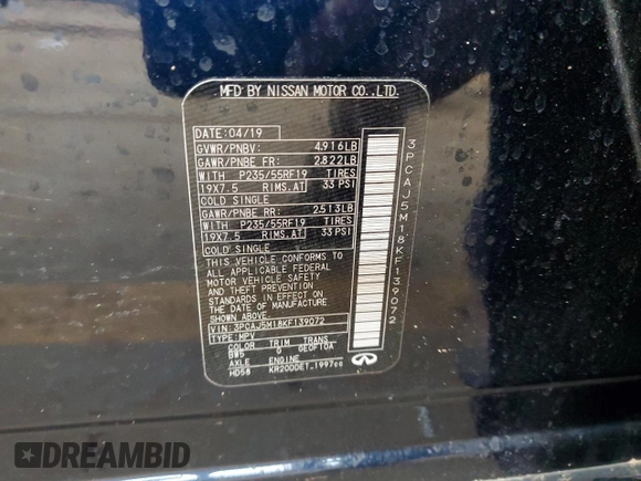 2019 Infiniti QX50 LUXE with VIN 3PCAJ5M18KF139072, listed as a Copart auction lot 46992375 with 39,313 mi miles and Salvage Title. Bid and sale history available at carsss.com. Image 15.