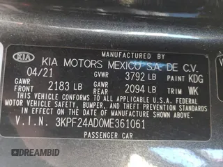 2021 Kia Forte FE with VIN 3KPF24AD0ME361061, listed as a Copart auction lot 49776185 with 57,163 mi miles and Salvage title. Bid and sale history available at DreamBid. Image 12.