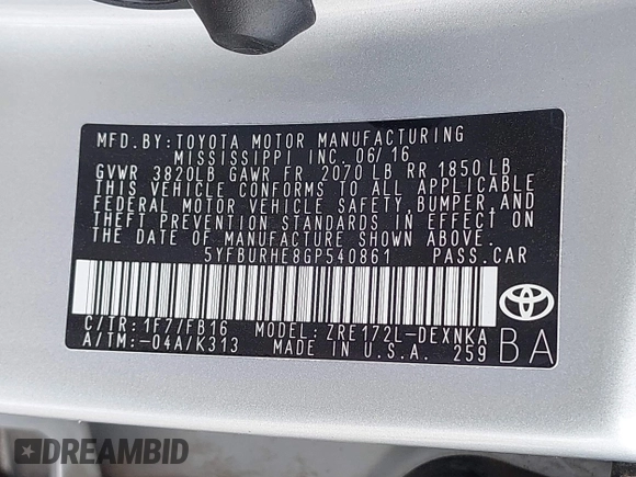 2016 Toyota Corolla L with VIN 5YFBURHE8GP540861, listed as a IAAI auction lot 42034849 with 37,443 mi miles and . Bid and sale history available at DreamBid. Image 9.