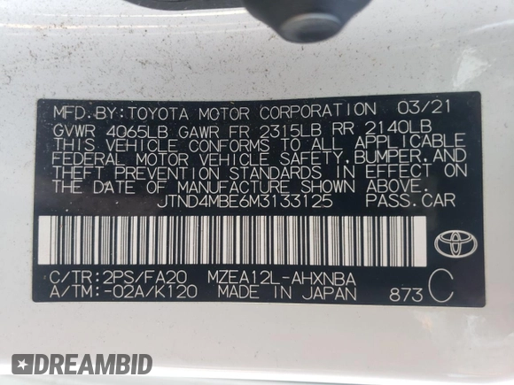 2021 Toyota Corolla Hatchback SE with VIN JTND4MBE6M3133125, listed as a Copart auction lot 56370614 with 78,886 mi miles and Salvage Title. Bid and sale history available at carsss.com. Image 12.