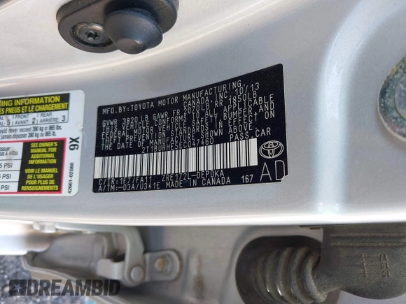 2014 Toyota Corolla L with VIN 2T1BURHE5EC047460, listed as a IAAI auction lot 41903800 with 187,276 mi miles and . Bid and sale history available at DreamBid. Image 9.