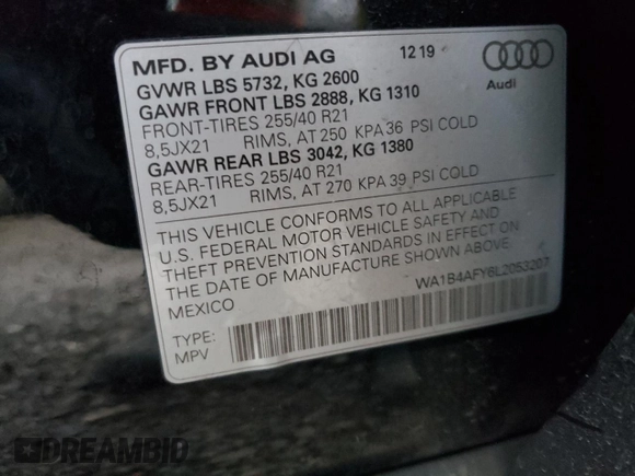2020 Audi SQ5 Premium Plus with VIN WA1B4AFY6L2053207, listed as a Copart auction lot 82851853 with 50,085 mi miles and . Bid and sale history available at DreamBid. Image 13.