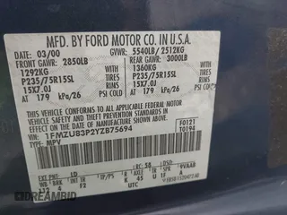 2000 Ford Explorer XLT с VIN 1FMZU83P2YZB75694, выставлен на аукционе IAAI как лот 41932899 с пробегом 245 229 миль миль и . История ставок и продаж доступна на DreamBid. Изображение 9.