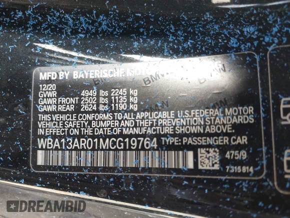 2021 BMW 4 Series M440i xDrive with VIN WBA13AR01MCG19764, listed as a IAAI auction lot 41486485 with Not Provided miles and . Bid and sale history available at DreamBid. Image 9.