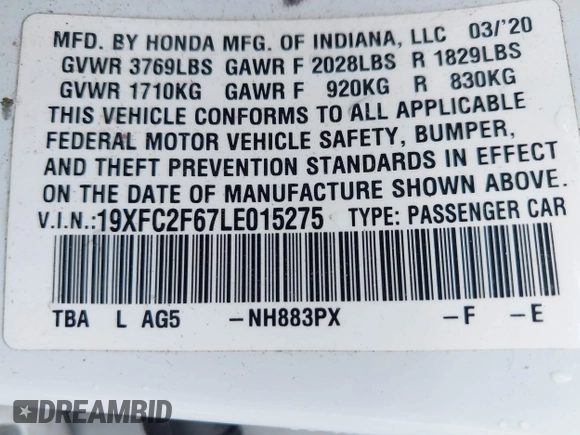2020 Honda Civic LX с VIN 19XFC2F67LE015275, выставлен на аукционе IAAI как лот 42199717 с пробегом 141 018 миль миль и . История ставок и продаж доступна на DreamBid. Изображение 9.